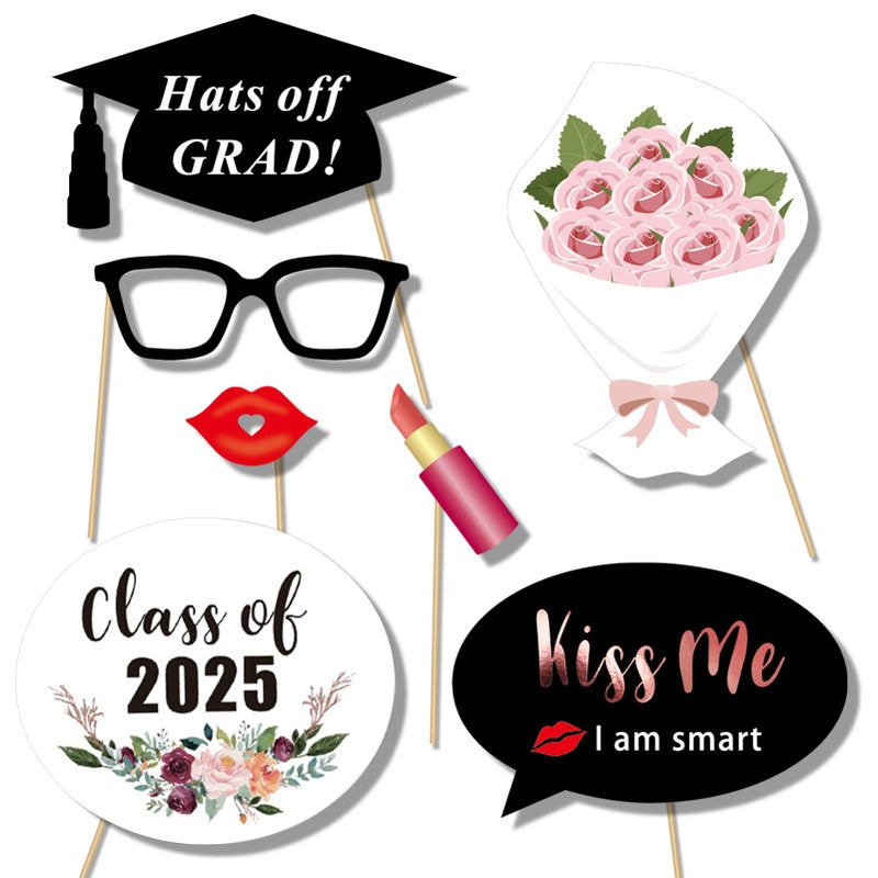 Konsait Rose Gold Graduation Photo Booth Props Party Supplies Graduation Photo Props Class of 2025 Grad Decor with Sticks, Class Decorations Graduation Party Favors Decor Accessories(39Count) - Image 2